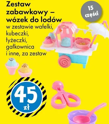 Zestaw zabawkowy - wózek do lodów w zestawie wafelki, kubeczki, łyżeczki, gałkownica i inne promocja w Tedi