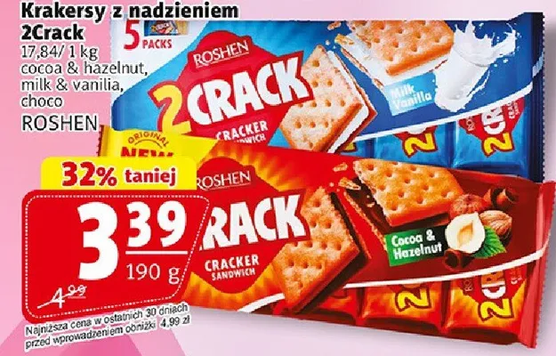Krakersy z nadzieniem 2Crack milk & vanilla Roshen promocja w Prim Market