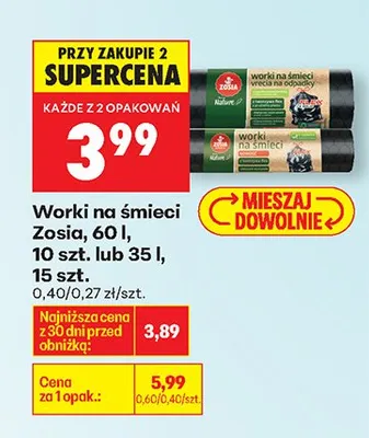 Worki na śmieci 60 l, 10 szt. lub 35 l, 15 szt. promocja w Biedronka