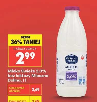 Mleko Świeże 2,0% bez laktozy Mleczna Dolina promocja w Biedronka