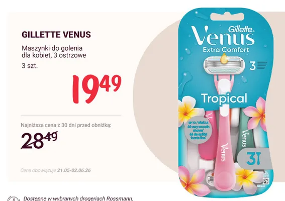 Maszynki do golenia dla kobiet Gillette Venus Extra Comfort Tropical 3 ostrzowe 3-pak promocja w Rossmann