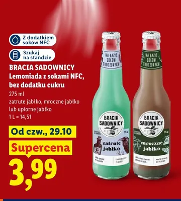 Lemoniada z sokami NFC bez dodatku cukru zatrute jabłko Bracia Sadownicy promocja w Lidl