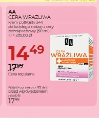 Krem półtłusty 24h do każdego rodzaju cery AA Cera Wrażliwa promocja w Drogerie Jawa