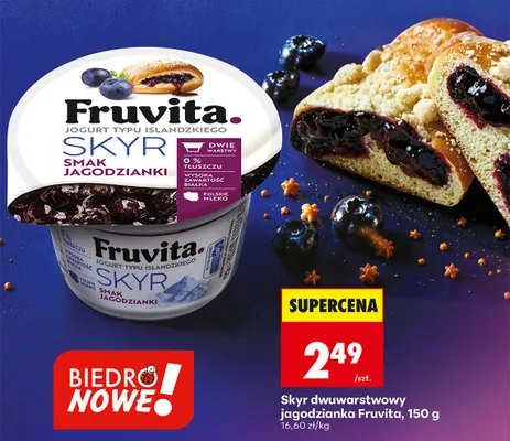 Jogurt typu islandzkiego Skyr dwuwarstwowy Fruvita smak jagodzianki promocja w Biedronka