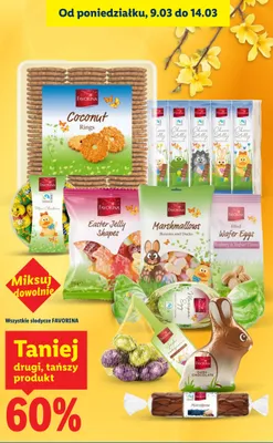 Słodycze (różne rodzaje: coconut rings, lolly, easter jelly shapes, marshmallows, wafer eggs, zajączek czekoladowy, marcepan) promocja w Lidl