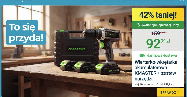Wiertarko-wkrętarka akumulatorowa Xmaster + zestaw narzędzi promocja w ERLI
