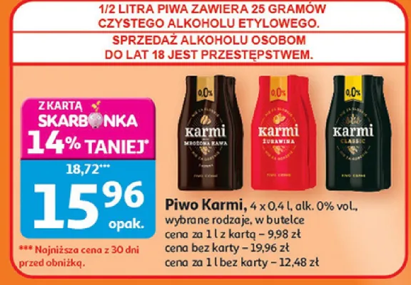 Piwo Karmi, 4 x 0,4 l, alk. 0% vol., wybrane rodzaje, w butelce promocja w Auchan