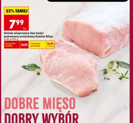 Schab wieprzowy bez kości pakowany próżniowy Kraina Mięs promocja w Biedronka