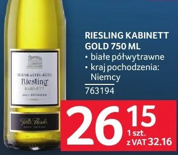 Wino Riesling Kabinett Gold 750ml białe półwytrawne kraj pochodzenia: Niemcy promocja w Selgros