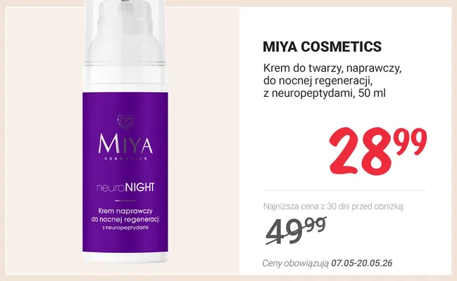 Krem do twarzy naprawczy do nocnej regeneracji z neuropeptydami MIYA COSMETICS promocja w Rossmann