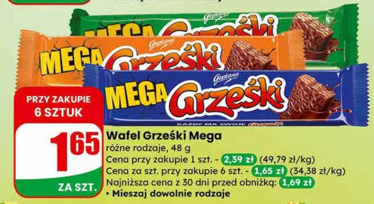 Wafel Grześki Mega różne rodzaje promocja w Dino