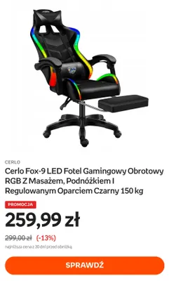 Cerlo Fox-9 LED fotel gamingowy obrotowy RGB z masażem, podnóżkiem i regulowanym oparciem czarny 150 kg promocja w Empik