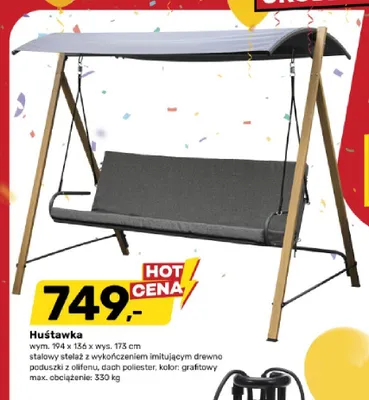 Huśtawka stalowy stelaż z wykończeniem imitującym drewno poduszki z olifenu dach poliester kolor grafitowy max. obciążenie 330kg 194x136x173cm promocja w Bricomarche