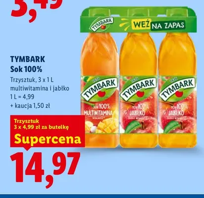 Sok multiwitamina i jabłko 3-pak Tymbark 100% promocja w Lidl