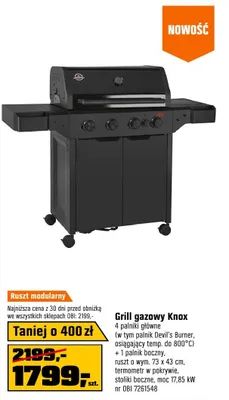 Grill gazowy Knox 4 palniki główne termometr w pokrywie ruszt 73x43cm stoliki boczne moc 17,85kW promocja w OBI