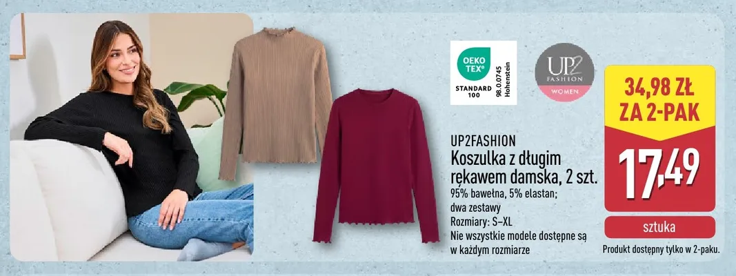 Koszulka z długim rękawem damska UP2FASHION 2-pak promocja w Aldi