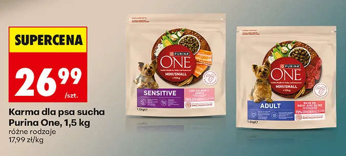 Karma dla psa sucha Purina One Mini/Small Adult promocja w Biedronka