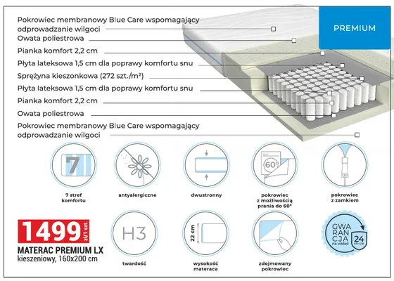 Materac kieszeniowy PREMIUM LX 160x200cm promocja w Merkury Market