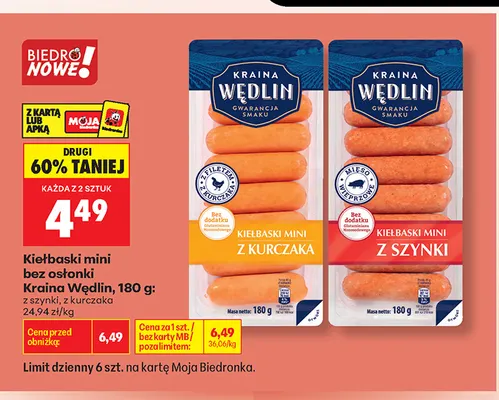 Kiełbaski mini bez osłonki z szynki Kraina Wędlin promocja w Biedronka