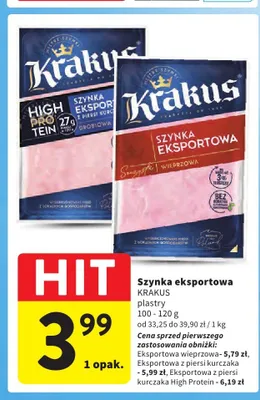 Szynka eksportowa z piersi kurczaka High Protein Krakus plastry promocja w Intermarche