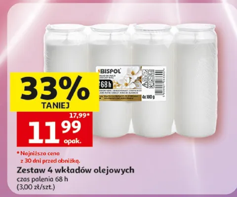 Zestaw 4 wkładów olejowych Bispol czas palenia 68h promocja w Auchan