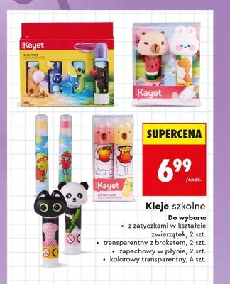 Kleje szkolne z zatyczkami w kształcie zwierzątek Kayet promocja w Biedronka