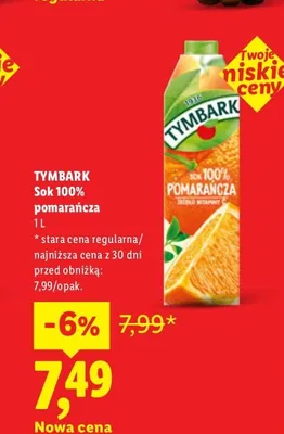Sok 100% pomarańcza Tymbark promocja w Lidl