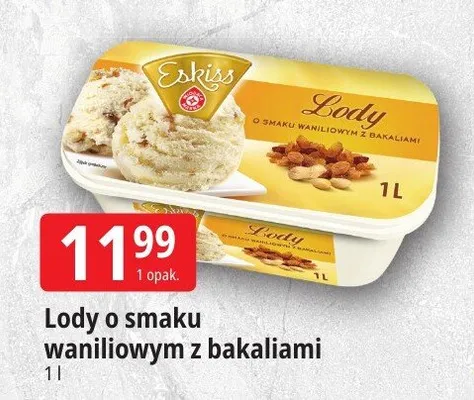 Lody o smaku waniliowym z bakaliami Eskiss promocja w Leclerc