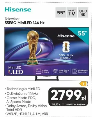 Telewizor Hisense 55E8Q MiniLED 144Hz 55" promocja w Max Elektro
