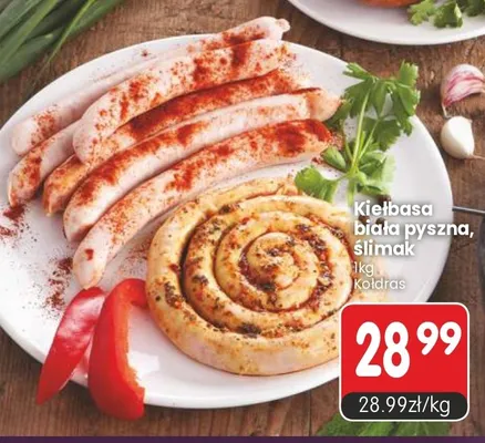 Kiełbasa biała pyszna ślimak Kołdras promocja w Market Point