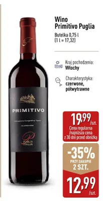 Wino Primitivo Puglia czerwone półwytrawne Włochy promocja w Aldi