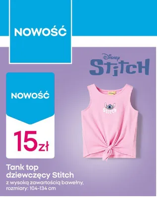 Tank top dziewczęcy Stitch z wysoką zawartością bawełny rozmiary 104-134cm promocja w Pepco