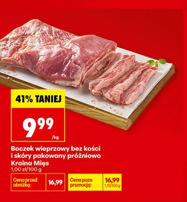Boczek wieprzowy bez kości i skóry pakowany próżniowo Kraina Mięs promocja w Biedronka