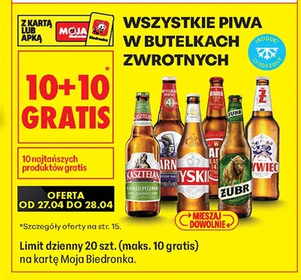 Piwo w butelkach zwrotnych 10+10 GRATIS promocja w Biedronka