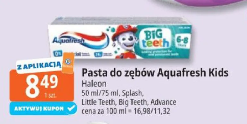 Pasta do zębów Aquafresh Kids Big Teeth promocja w Leclerc