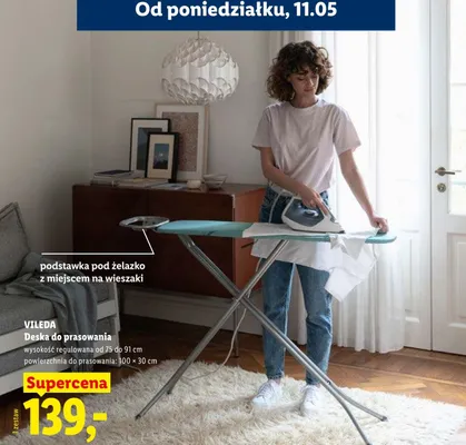 Deska do prasowania Vileda wysokość regulowana od 75 do 91cm powierzchnia do prasowania 100x30cm promocja w Lidl