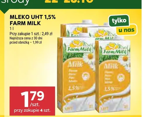 Mleko UHT Farm Milk 1,5% promocja w Stokrotka