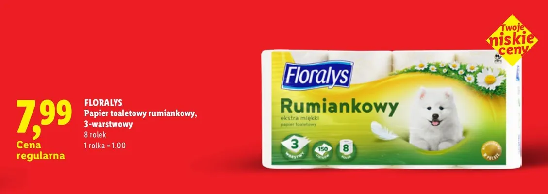 Papier toaletowy Floralys Rumiankowy 3-warstwowy 8-pak promocja w Lidl