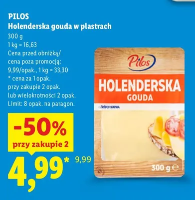 Holenderska gouda w plastrach Pilos promocja w Lidl