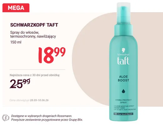 Spray do włosów Schwarzkopf Taft Aloe Boost termoochronny nawilżający promocja w Rossmann