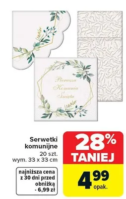 Serwetki komunijne 20 szt. wym. 33 x 33 cm promocja w Carrefour
