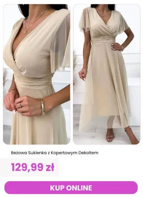 Sukienka beżowa z kopertowym dekoltem ModnaKiecka.pl promocja w Modna Kiecka