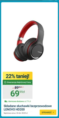 Składane słuchawki bezprzewodowe Lenovo HD200 promocja w ERLI
