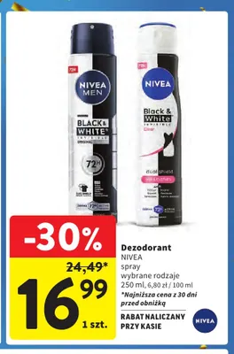 Dezodorant spray Nivea Black & White Invisible Clear promocja w Intermarche