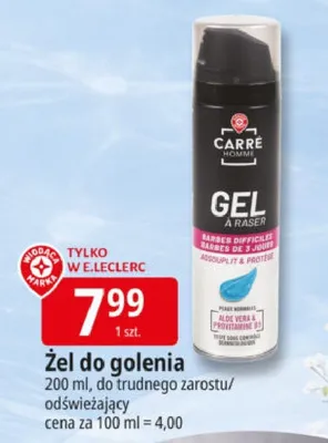 Żel do golenia Carré Homme 200ml do trudnego zarostu odświeżający promocja w Leclerc