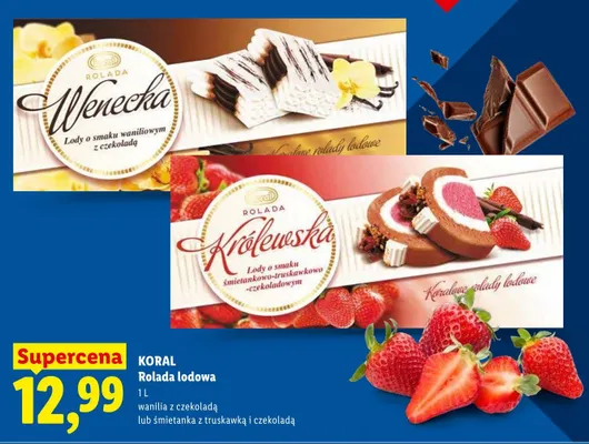 Rolada lodowa Koral Królewska śmietanka z truskawką i czekoladą promocja w Lidl