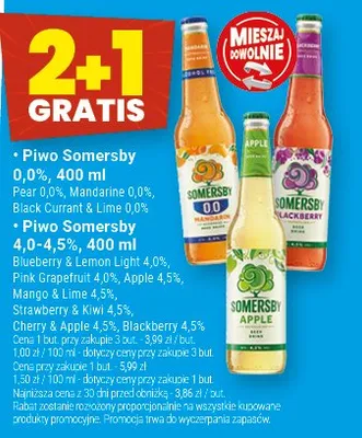 Piwo Somersby 0,0% Pear 0,0%, Mandarinę 0,0%, Black Currant 4,1%, Apple 4,5% promocja w Twój Market