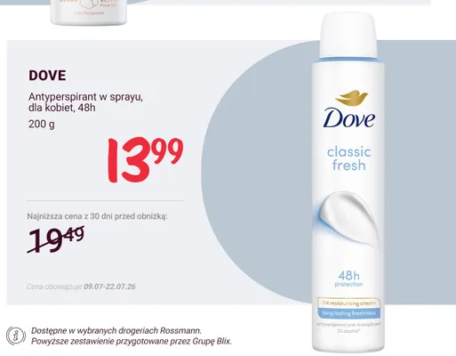 Antyperspirant w sprayu dla kobiet Dove Classic Fresh 48h promocja w Rossmann