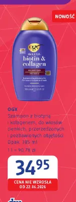 Szampon z biotyną i kolagenem do włosów cienkich przerzedzonych i pozbawionych objętości OGX promocja w Drogerie DM