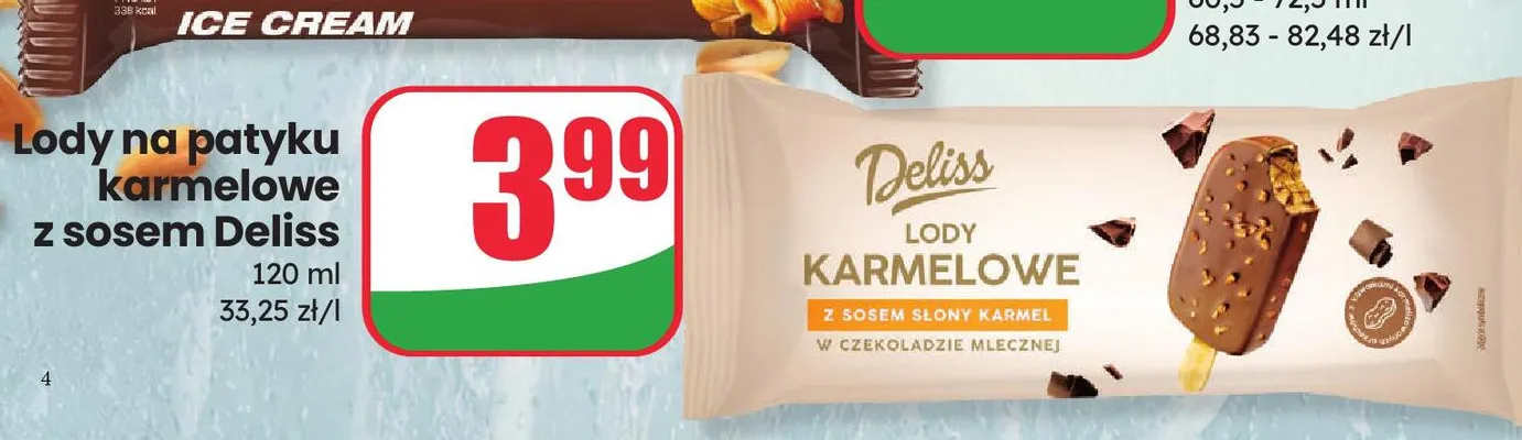 Lody na patyku karmelowe z sosem Deliss promocja w Dino